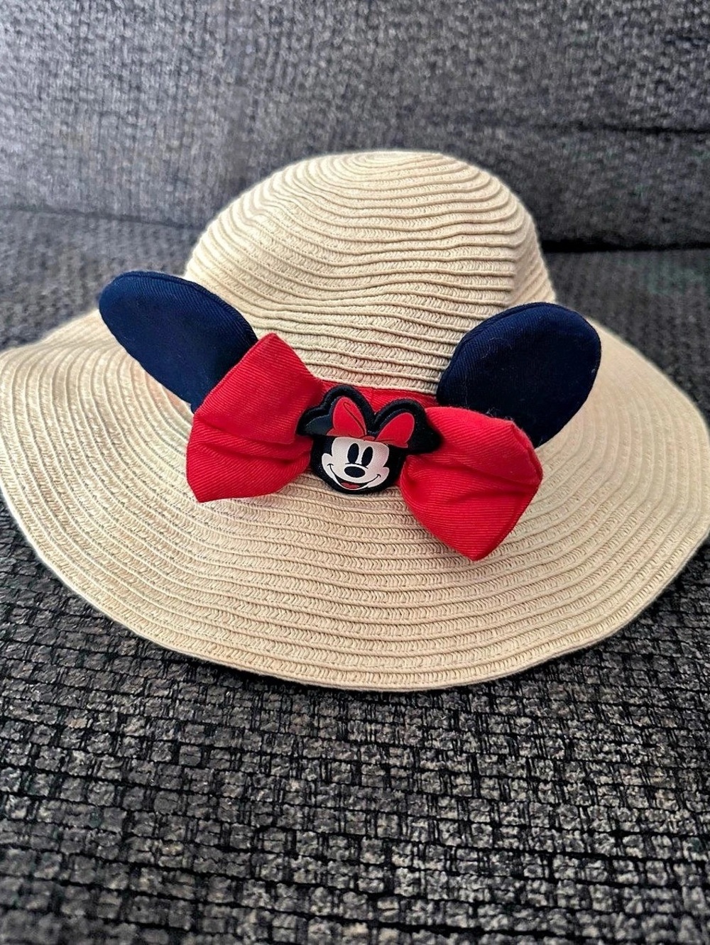 Disney Minnie Mouse Girls Straw Sun Hat Red Bow Ears Wide Brim